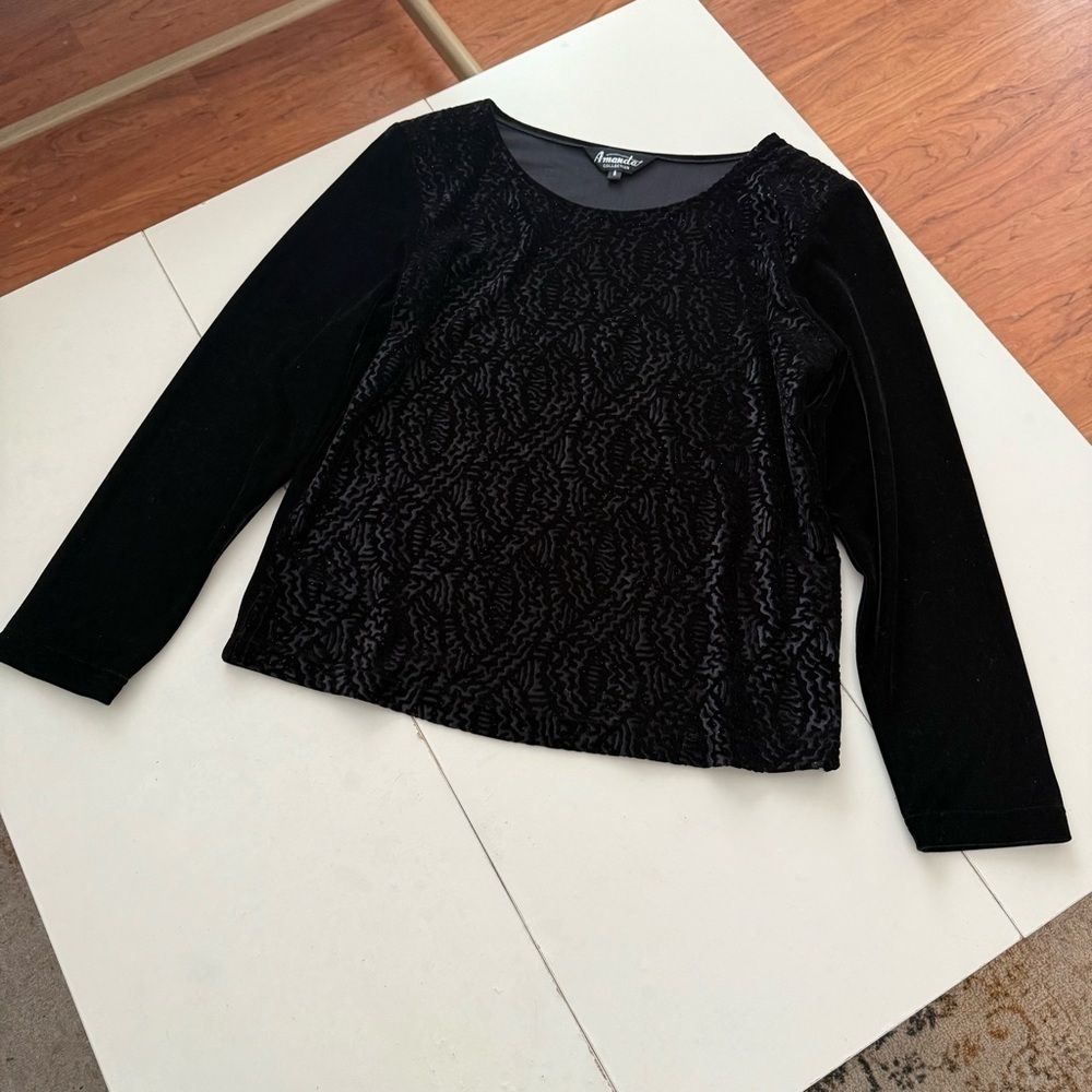 Black Velvet Burnout Textured Blouse Vintage Subtle Sparkle Holiday Party Y2K - Picture 4 of 5